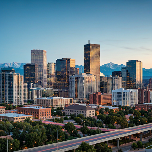 Denver skyline at dusk with the Rocky Mountains in the background.
