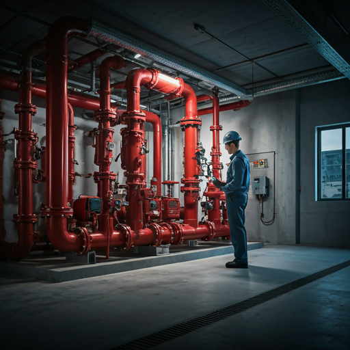 Fire protection technician inspecting a commercial fire pump.